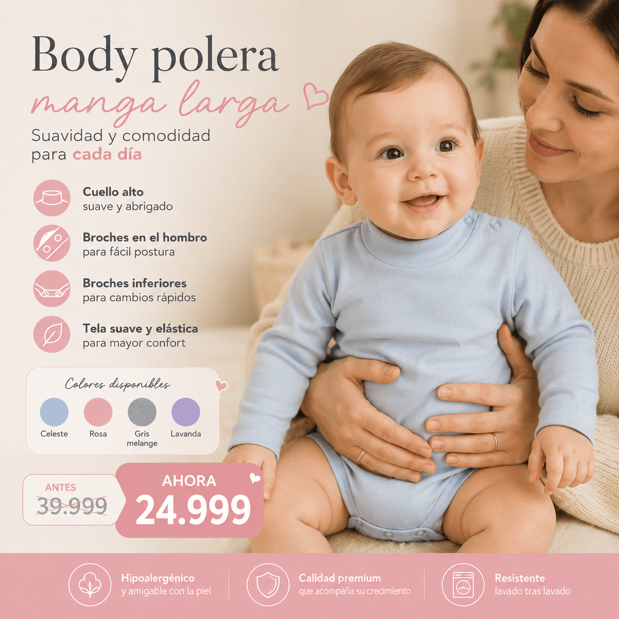 Body Cuello Alto Bebé · Broches Inferiores Cambio Rápido