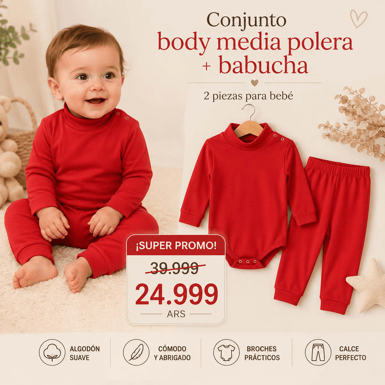 Comprar Conjunto Bebé · Body Polera + Babucha Broches Prácticos online — marketplace Argentina MadsJeez — Ropa para Bebés