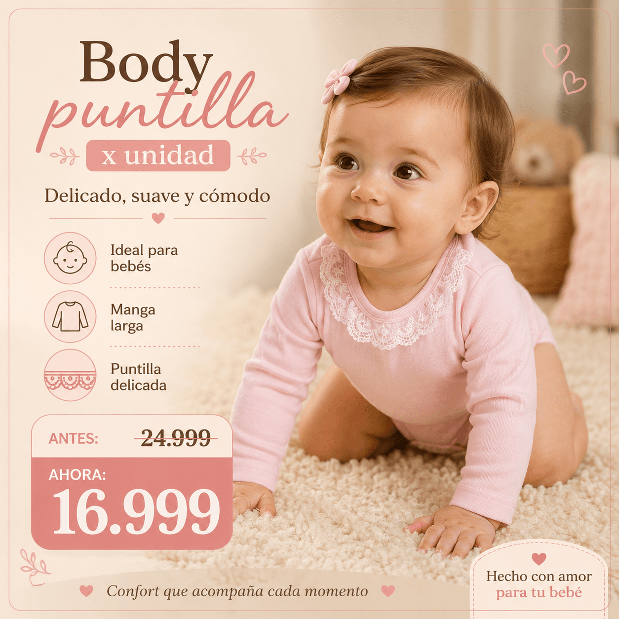 Comprar Body Manga Larga con Puntilla · Bebé Niña online — marketplace Argentina MadsJeez — Ropa para Bebés