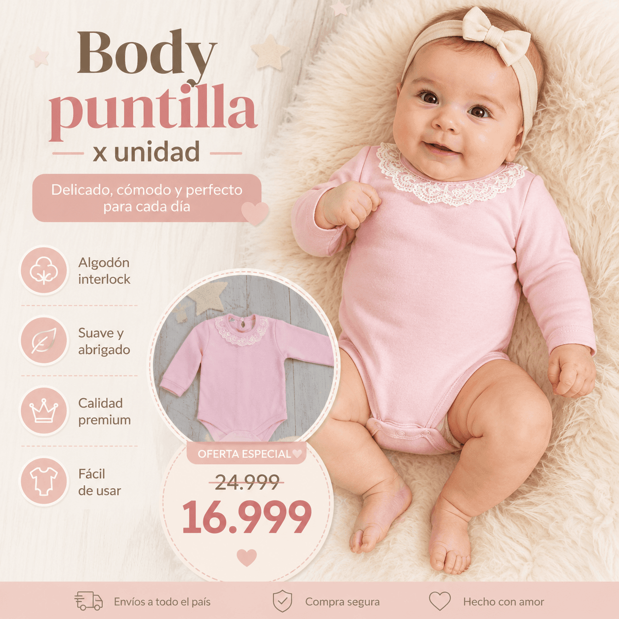 Comprar Body Puntilla Manga Larga · Delicado y Premium online — marketplace Argentina MadsJeez — Ropa para Bebés