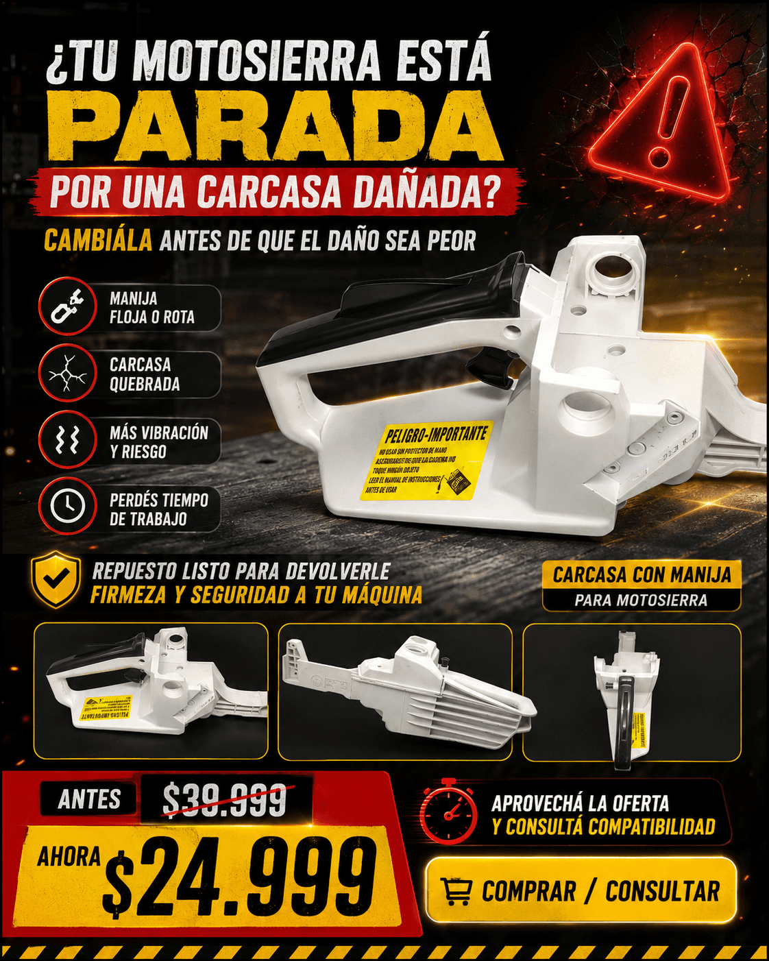 Comprar Carcasa con Manija para Motosierra 45/52cc - Reemplazo Original online — marketplace Argentina MadsJeez — Accesorios y repuestos para herramientas
