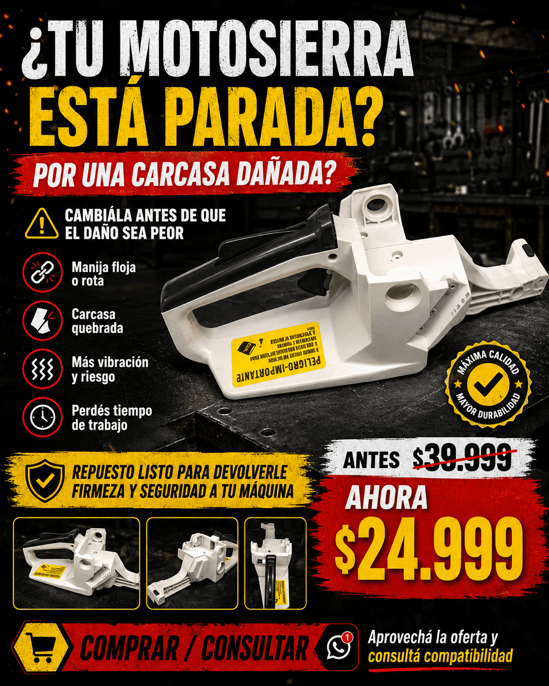 Carcasa + Manija Motosierra China 45/52cc - Repuesto Premium