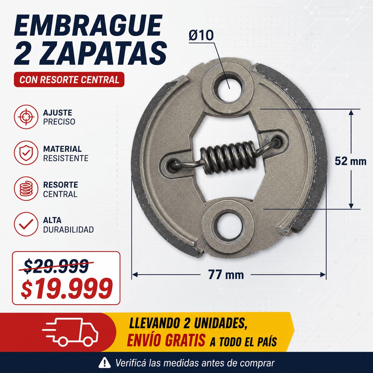 Embrague Centrífugo 2 Zapatas + Resorte - Reemplazo Recomendado