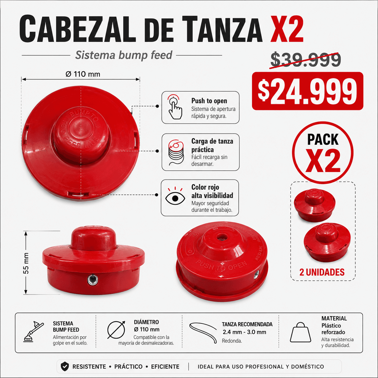 Cabezal de Tanza Desmalezadora X2 - Alta Resistencia